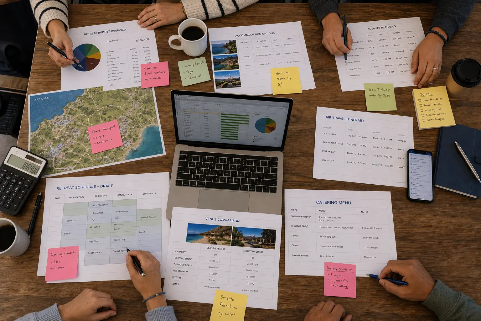 Retreat planning documents spread on a table including a budget overview with pie chart, venue comparison sheet, catering menu, and a draft retreat schedule