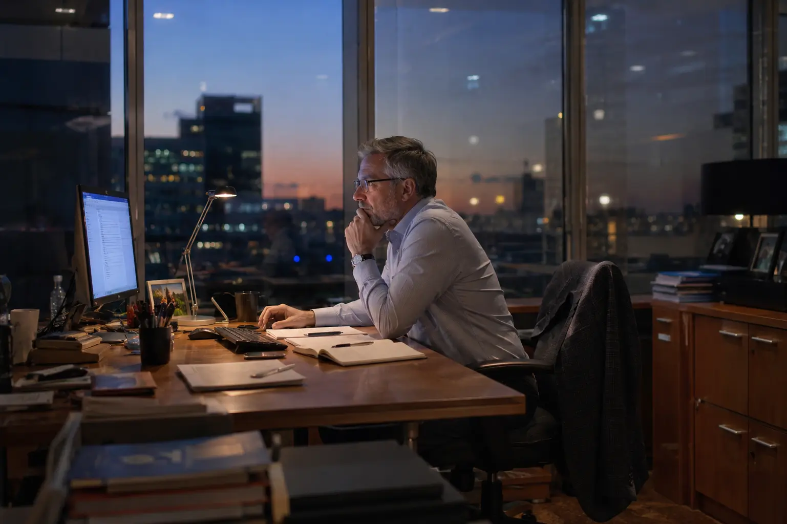 Executive working late at night at his desk in a high-rise office, looking fatigued and contemplative, illustrating the personal and organizational cost of workplace burnout