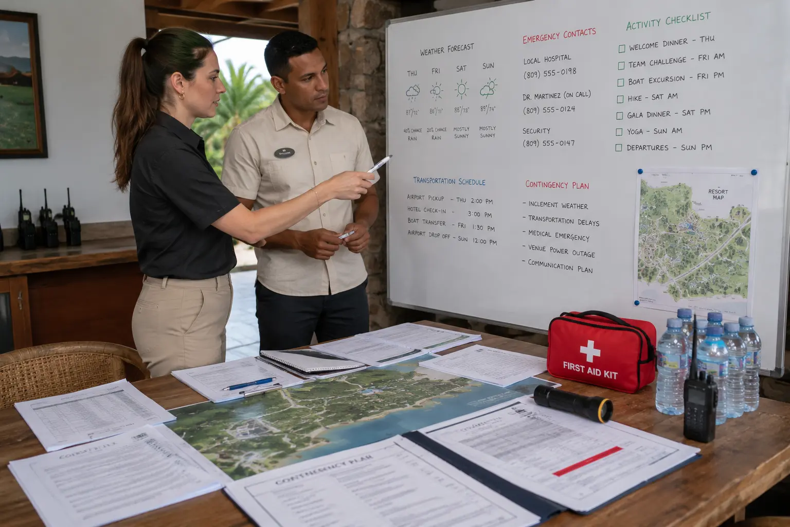 Corporate event coordinators reviewing a contingency plan whiteboard covering emergency contacts, activity checklist, and transportation logistics, with a first aid kit on the planning table