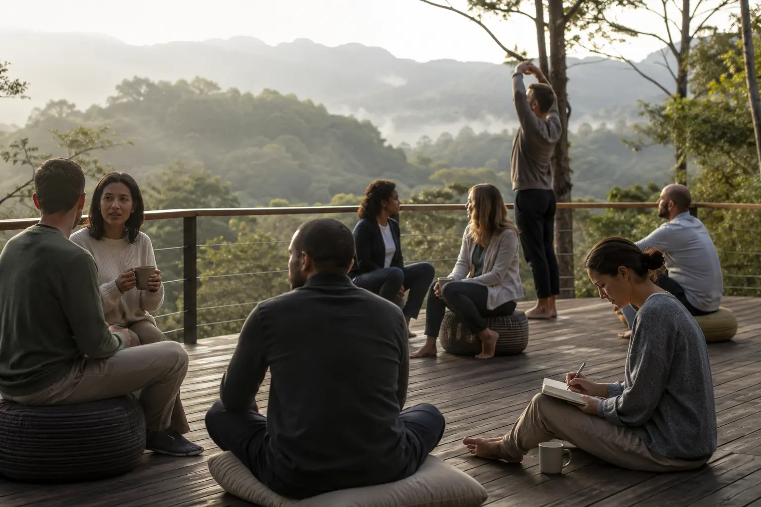 Group of professionals on a wooden deck in a misty mountain forest, sitting in a morning wellness session at a corporate detox retreat