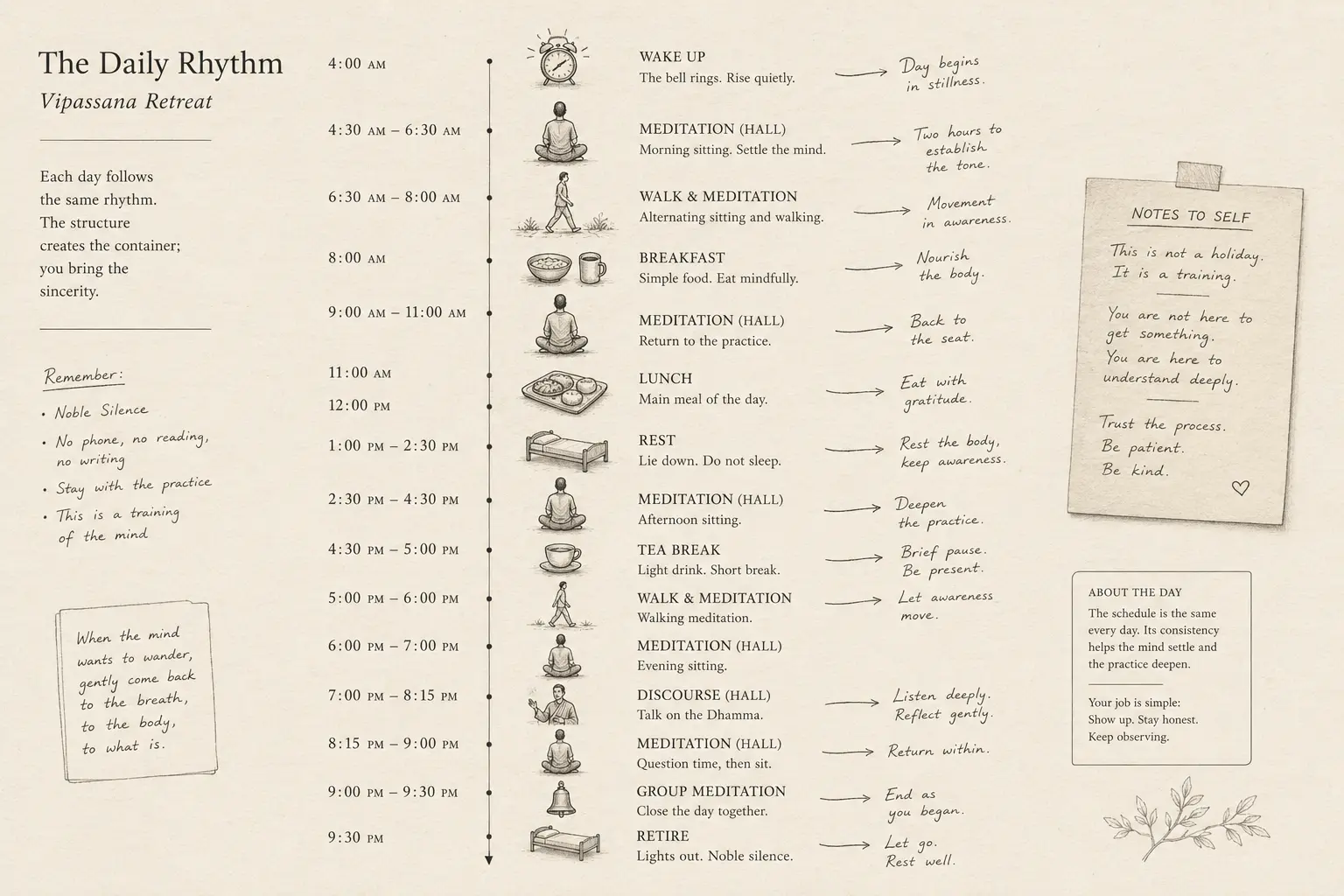 Body scan diagram showing the systematic head-to-feet sweep of attention used in Vipassana meditation.