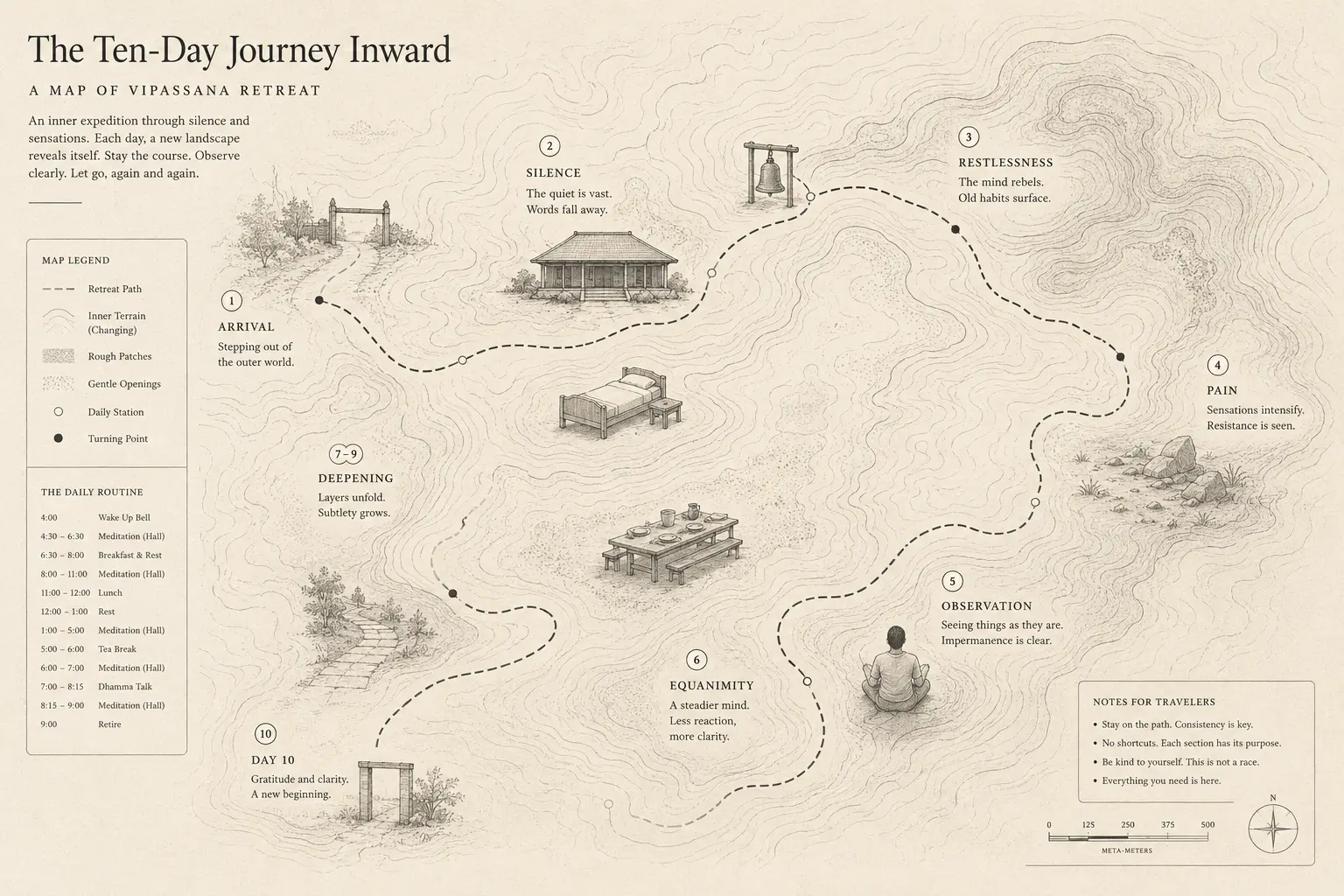 The emotional arc of a ten-day Vipassana retreat, from arrival and discomfort through emotional release to equanimity and re-entering the world.