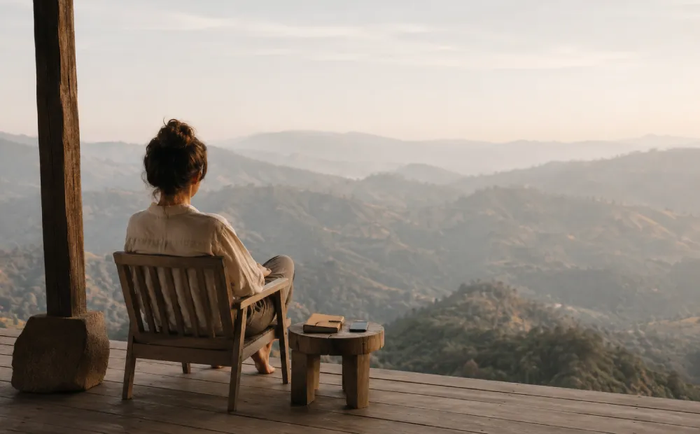 Woman sitting on a wooden deck overlooking misty mountain valleys, journaling during a wellness retreat